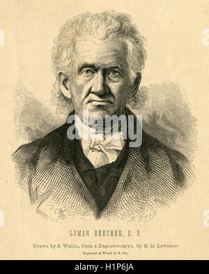 Antique c1850 engraving, Lyman Beecher. Lyman Beecher (1775-1863) was a Presbyterian minister, American Temperance Society co-founder and leader, and the father of 13 children, many of whom became noted figures, including Harriet Beecher Stowe. SOURCE: ORIGINAL ENGRAVING. Stock Photo