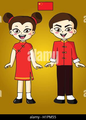 Cute Chinese Kids Boy Girl Costume Chinese New Year Cartoon Vector ...