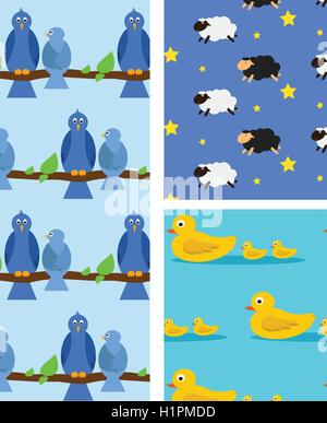 Animal seamless pattern, Birds on branch and sheep jumping in a dream or family of duck  in water. Stock Vector