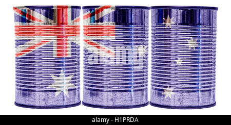 Three tin cans with the flag of Australia on them isolated on a white background. Stock Photo