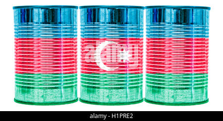 Three tin cans with the flag of Azerbaijan on them isolated on a white background. Stock Photo