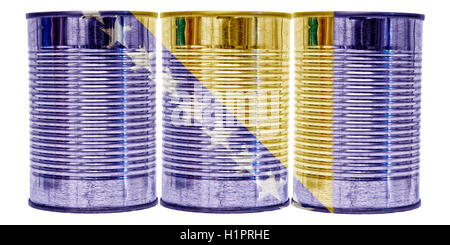 Three tin cans with the flag of Bosnia and Hercegovina on them isolated on a white background. Stock Photo