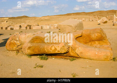 Egypt, Nile Delta, Tanis, exhibition of several ancient artifacts : King colossus, with a small queen at his feet. Stock Photo