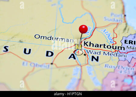 Khartoum pinned on a map of Sudan Stock Photo