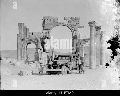 The Triumphal Arch of Palmyra in Palmyra, Syria is seen in this archival photograph taken circa 1929. The arch, which stood for 2000 years in Palmyra, Syria, was destroyed by Isis in 2015.  (Library of Congress) Stock Photo