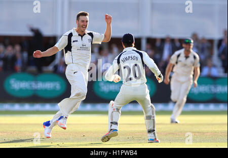 Middlsex's bowler Toby Roland-Jones celebrates taking the final wicket of Yorkshire's Ryan Sidebottom to win the County Championship during day four of the Specsavers County Championship, Division One match at Lord's, London. Stock Photo