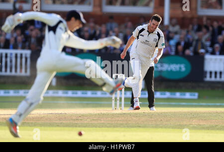 Middlsex's bowler Toby Roland-Jones celebrates taking the final wicket of Yorkshire's Ryan Sidebottom to win the County Championship during day four of the Specsavers County Championship, Division One match at Lord's, London. Stock Photo