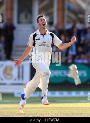 Middlsex's bowler Toby Roland-Jones celebrates taking the final wicket of Yorkshire's Ryan Sidebottom to win the County Championship during day four of the Specsavers County Championship, Division One match at Lord's, London. Stock Photo