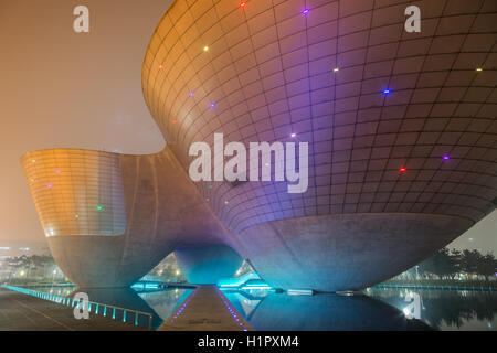 The Tri-Bowl building in Songdo Central Park at the financial district of Incheon, South Korea in the evening. Stock Photo