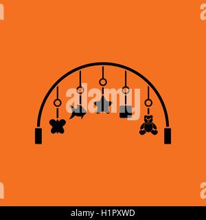 Baby arc with hanged toys icon. Orange background with black. Vector illustration. Stock Vector