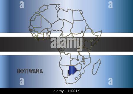 Botswana outline inset into a map of Africa over a flag background Stock Vector