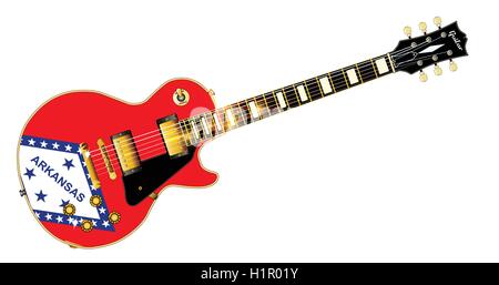 The definitive rock and roll guitar with the Arkansas State flag seal flag isolated over a white background. Stock Vector