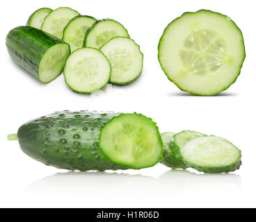 collection of cucumbers with slices isolated on the white background. Stock Photo