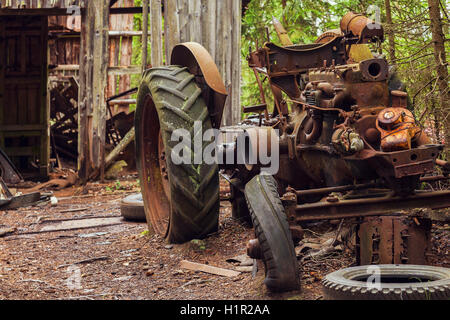 Image of rusty old tractor, abandoned in the forest. Kyrko Mosse, Sweden. Stock Photo