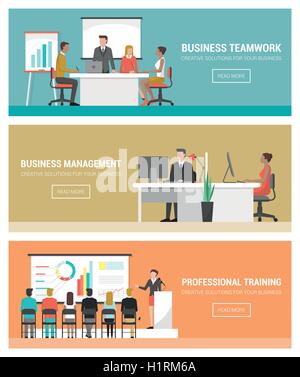 Business people working banner set, teamwork, management, finance, training and seminar Stock Vector