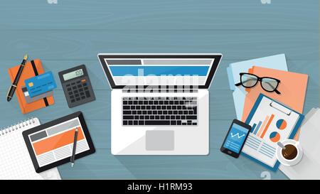 Business, technology and freelancing concept, office desktop with laptop, tablet and files, top view Stock Vector