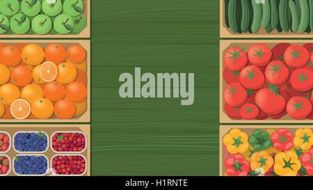 Tasty colorful freshly harvested vegetables in wooden crates at the farmers market, agriculture and healthy eating concept, top Stock Vector