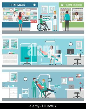 Healthcare and clinics banners set with doctors and patients: pharmacy, gynecologist and dentist Stock Vector