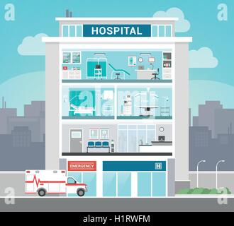 Hospital building with departments, office, operating room, ward, waiting room and reception, healthcare concept Stock Vector