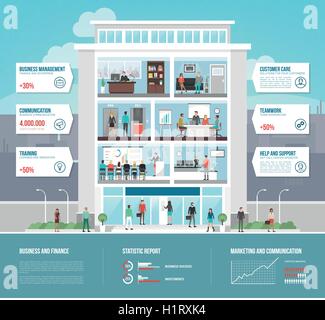 Corporate office building infographics with business people working, conference room, waiting room and reception Stock Vector