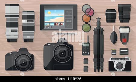 Professional photographer equipment on a desk, shooting and photo editing concept, flat lay Stock Vector