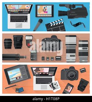 Photograph, video making and photo editing banner set with professional equipment, laptops and camera, flat lay Stock Vector