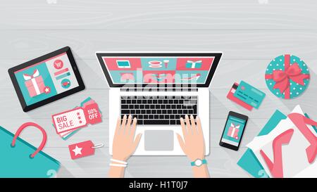 Online shopping and delivery concept, woman purchasing fashion products on a website using a laptop, top view Stock Vector