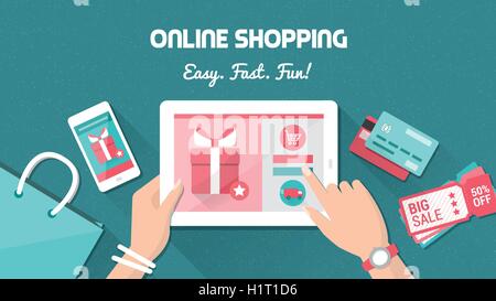 Online shopping and delivery concept, woman buying fashion products from an e-shop using a digital touch screen tablet, flat lay Stock Vector