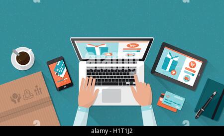 Online shopping and delivery concept, businessman purchasing products and making orders using a laptop Stock Vector