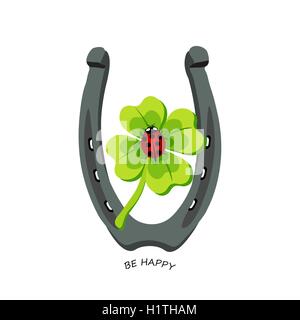 Symbols for good luck, horseshoe, clover, ladybug. Be Happy Stock Vector