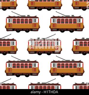 Lovely retro vector detailed tram car, side view, isolated, seamless. Ideal for urban lifestyle, touristic and sightseeing graphic and web design Stock Vector