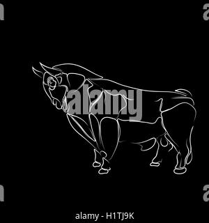 Stylized, isolated white contour of the bull on a black background, tattoo, illustration Stock Vector
