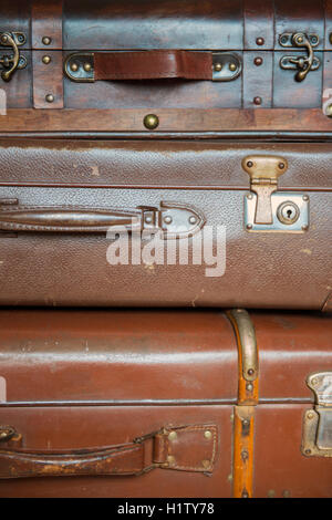 Close-up of three old suitcases Stock Photo