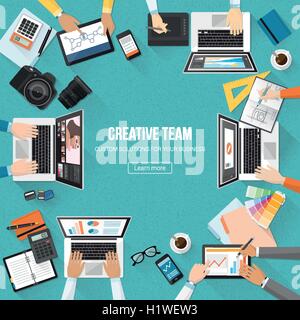 Creative team working in the office, designers, photographers and marketing experts working together Stock Vector