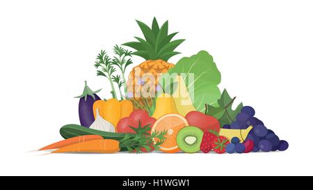Fresh vegetables and fruit composition on white background, healthy food and nutrition Stock Vector