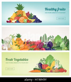 Fruit and vegetables banner set and rainbow composition, healthy food and nutrition concept Stock Vector