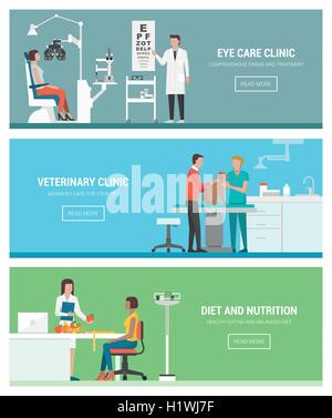 Healthcare and clinics banners set: optician and eye examination, veterinary animal clinic and dietitian with patient Stock Vector