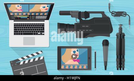 Video making, shooting and editing with professional equipment on a wooden desk, flat lay Stock Vector