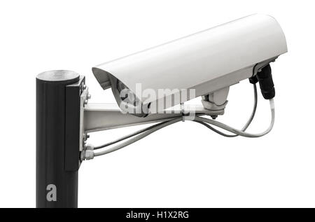 Outdoor surveillance camera isolated on white background. Stock Photo