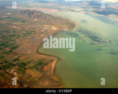 Great Salt Lake, Utah, the largest saltwater lake in the Western Hemisphere, taken from the air Stock Photo