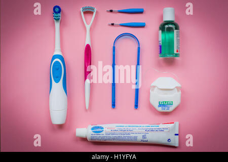 Mouthwash, dental floss, toothbrushes and toothpaste, mouthwash and interdental brushes. Stock Photo