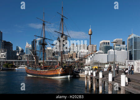 The replica HMS Endeavour moored at the Australian Maritime Museum Darling Harbour Sydney Australia Stock Photo