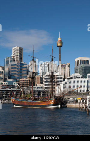 The replica HMS Endeavour moored at the Australian Maritime Museum Darling Harbour Sydney Australia Stock Photo