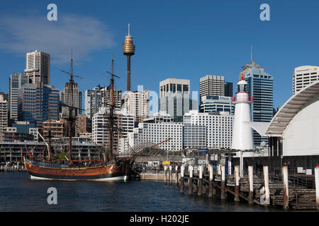 The replica HMS Endeavour moored at the Australian Maritime Museum Darling Harbour Sydney Australia Stock Photo