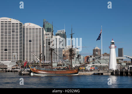 The replica HMS Endeavour moored at the Australian Maritime Museum Darling Harbour Sydney Australia Stock Photo