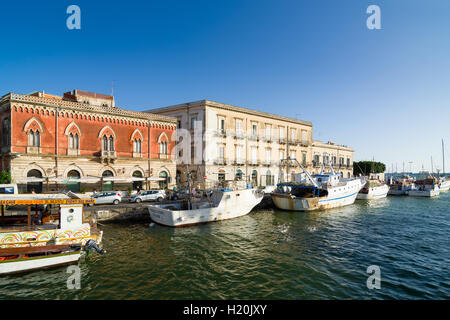 SYRACUSE, ITALY - SEPTEMBER 14, 2015: Embankment on the island of Ortygia in Syracuse, Sicily, Italy Stock Photo