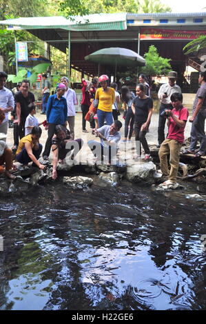 Thanh Hoa, Vietnam - October 24, 2015: People are wishing good luck from the Vietnamese God fish in the God stream of Cam Luong Stock Photo