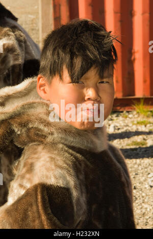 EUROPE, GREENLAND,  Kujalleq Municipality, Nanortalik (Place of Polar Bears), Inuit boy in traditional dress Stock Photo