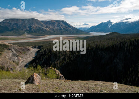 A view of the misty St. Elias Mountains and the Slims River Valley in Kluane National Park, Yukon Territory, Canada. Stock Photo