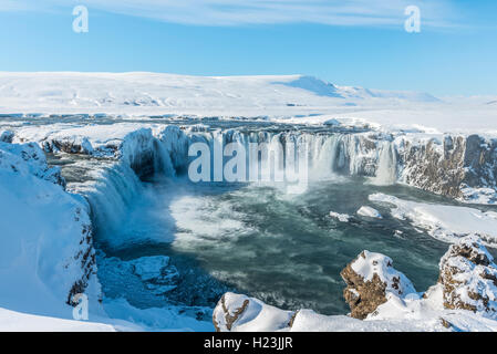 Goðafoss Waterfall in winter with snow and ice, Northwestern Region, Iceland Stock Photo